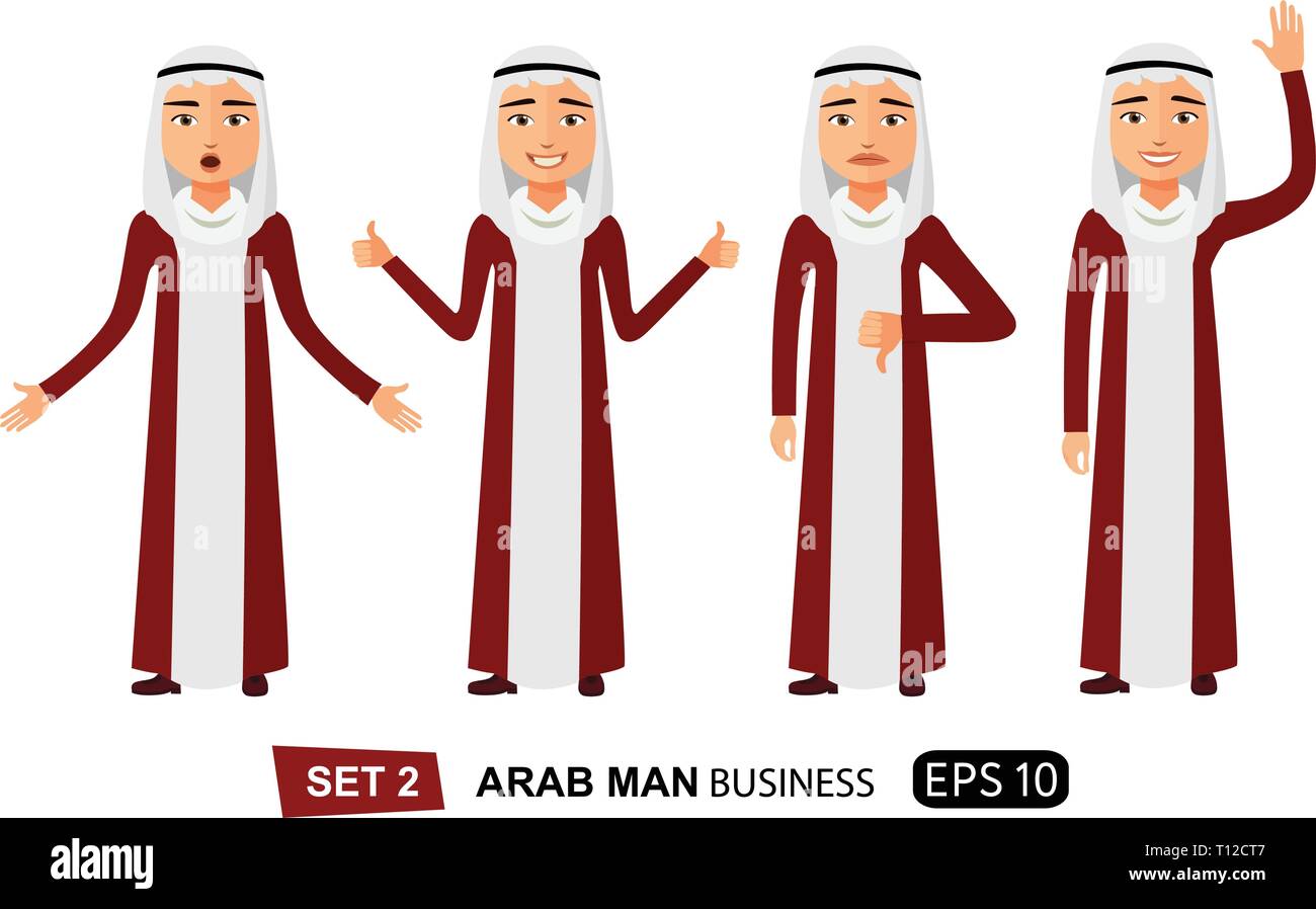 Emotions arab business man set waving hand goodbye cartoon vector isolated on white ep 10 Stock Vector