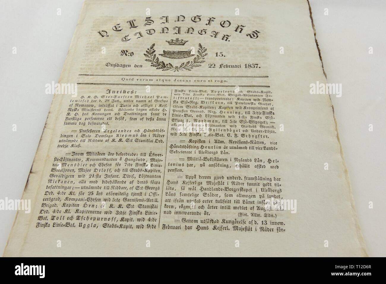 Helsinfors Tidningar was the first newspaper in Swedish published in Helsinki, 1829 1866. It