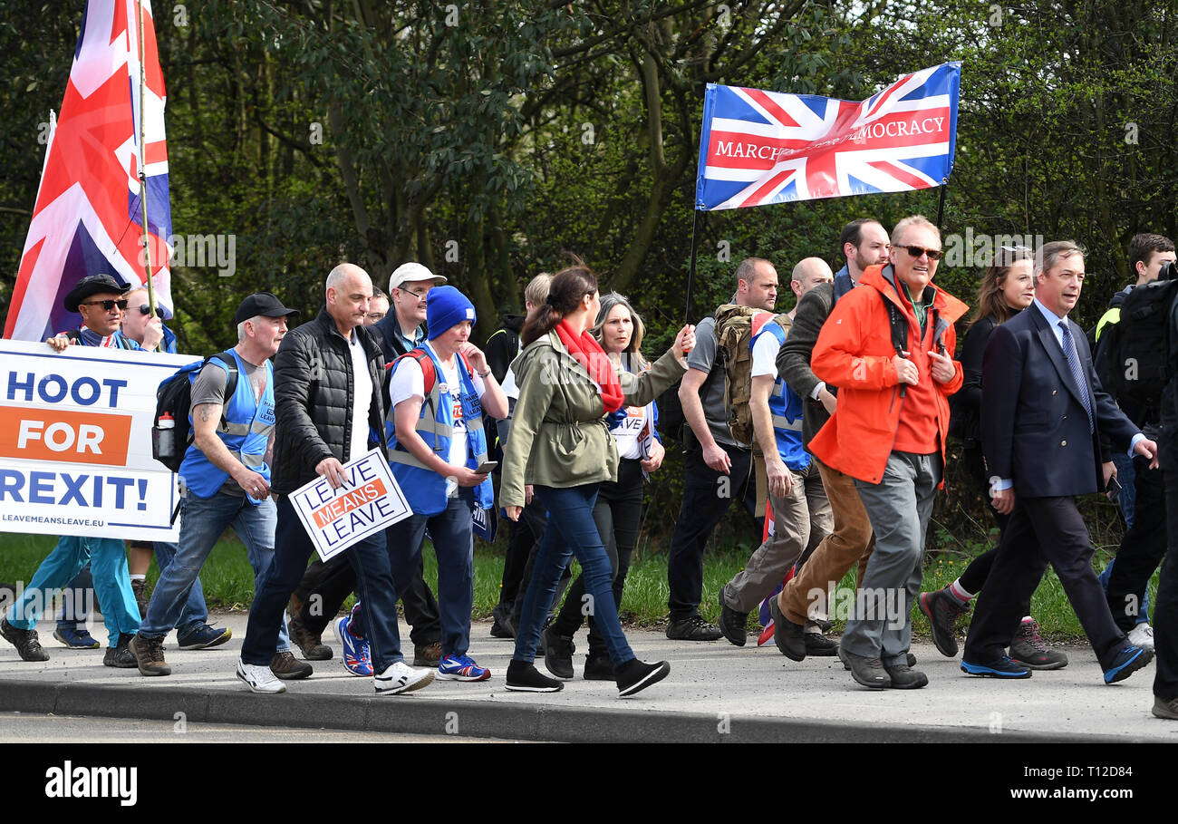 Former UKIP leader Nigel Farage leads the March to Leave protest as they make their way through Nuthall, Nottingham on their way to London over a 14-day period, arriving in the capital on March 29, where a mass rally will take place on Parliament Square. Stock Photo