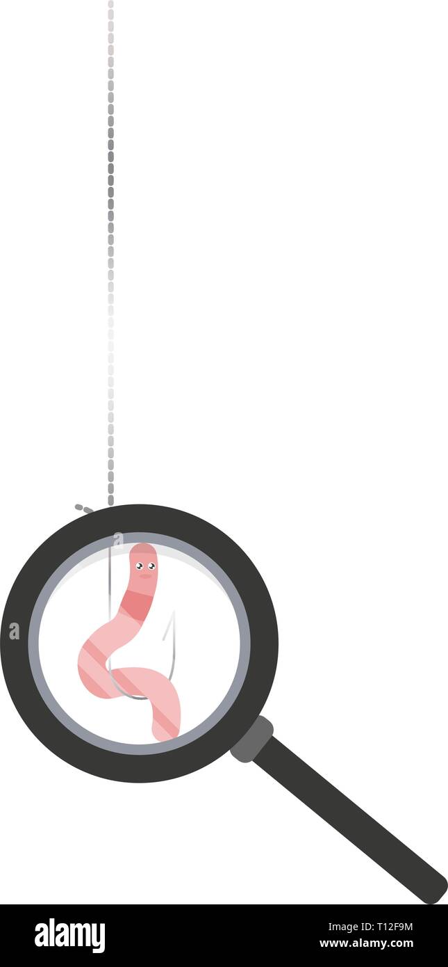 We examine the worm on a hook under a magnifying glass, fishing bait. Vector illustration on white background. Stock Vector