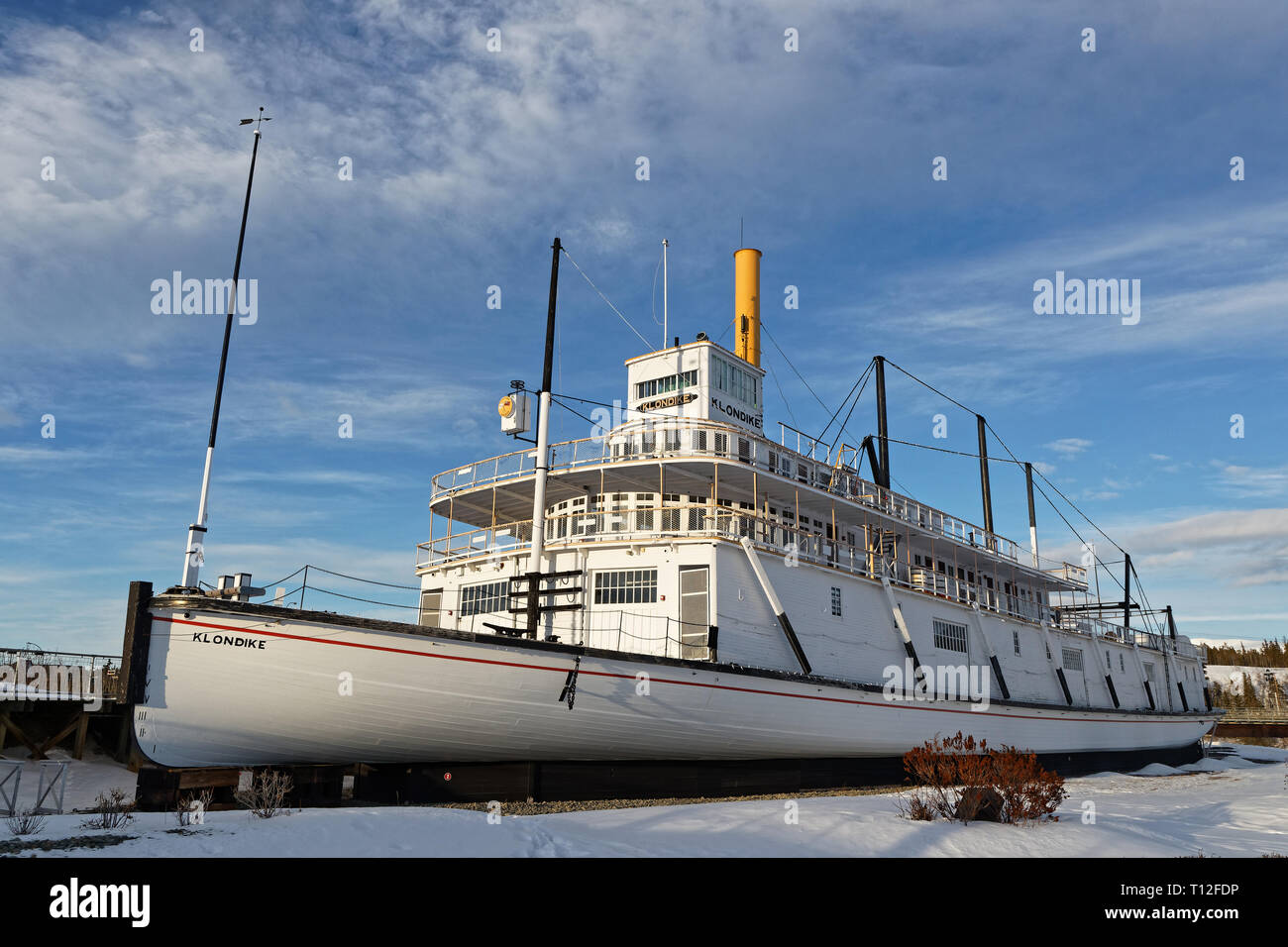 WHITEHORSE, YUKON, CANADA, March 9, 2019 : Famous SS Klondike steamer on the Yukon river banks. Whitehorse is the capital and only city of Yukon, and  Stock Photo