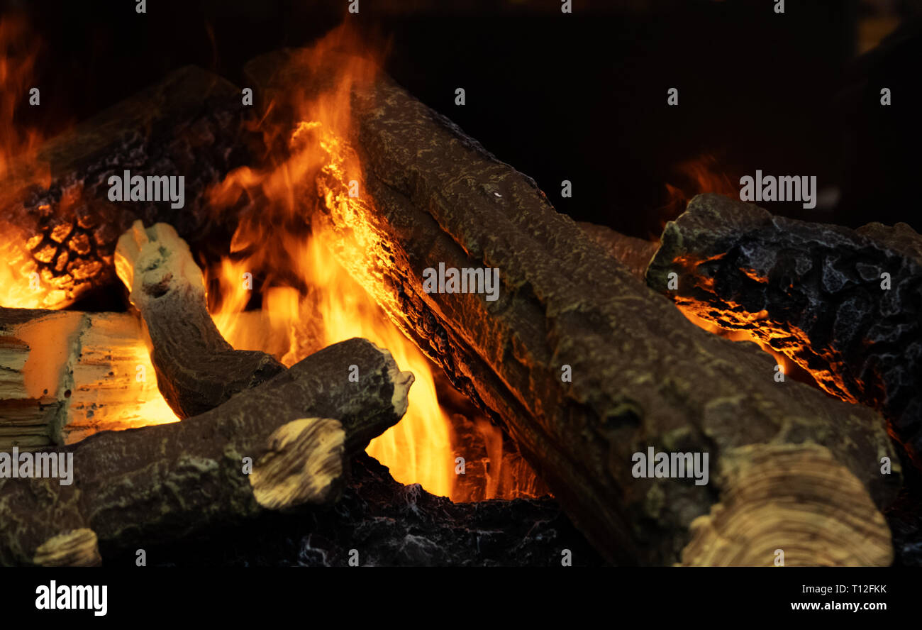 Artificial Living Room Fireplace Detail With Fake Fire And Fake