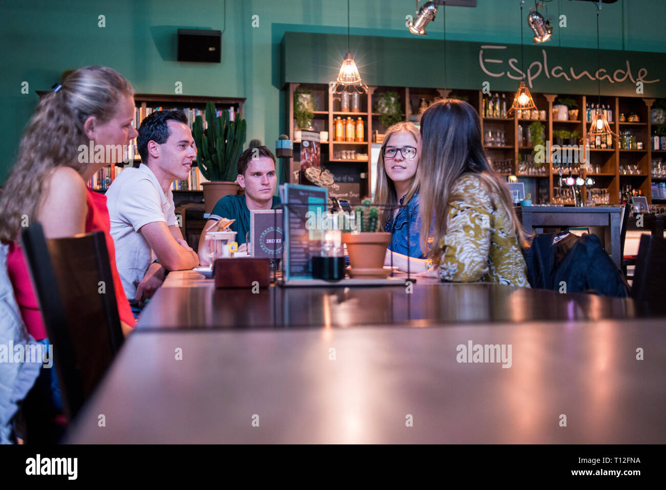 A group of young students sit around in a bar / cafe / coffee shop chatting and relaxing Stock