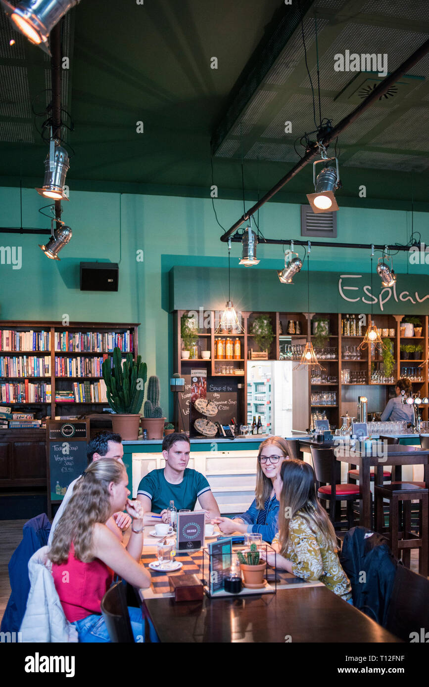 A group of young students sit around in a bar / cafe / coffee shop