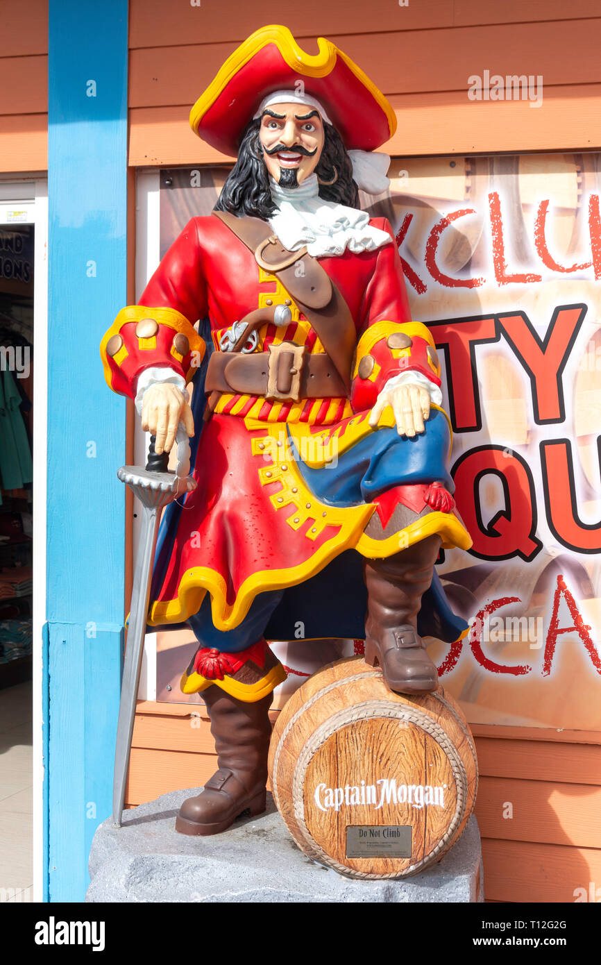 Captain Morgan Rum pirate figure outside Captain's Duty Free Shop, Boardwalk, Philipsburg, Sint Maarten, Saint Martin, Lesser Antilles, Caribbean Stock Photo