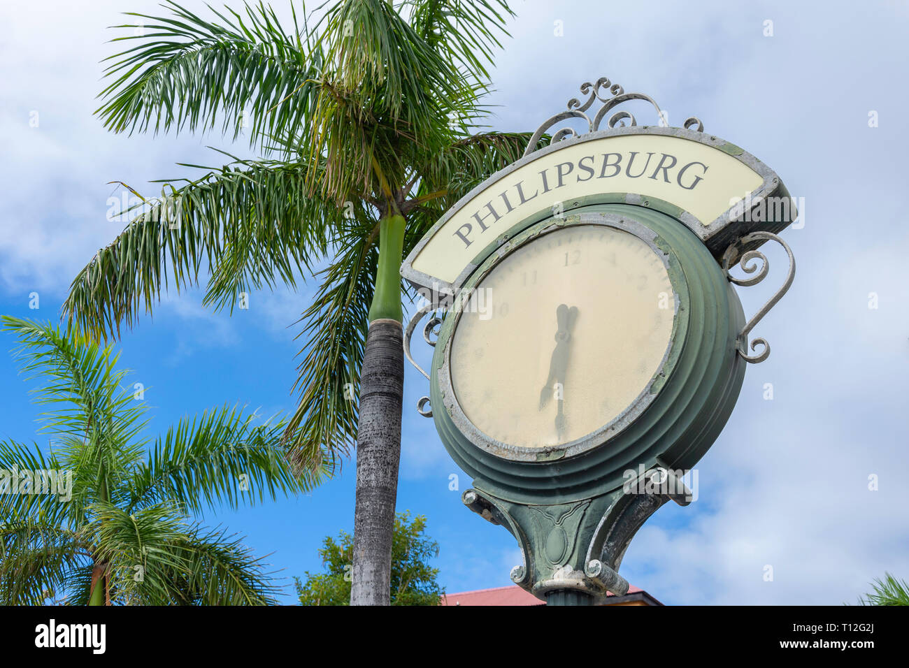 Town clock, Front Street, Philipsburg, Sint Maarten, Saint Martin, Lesser Antilles, Caribbean Stock Photo
