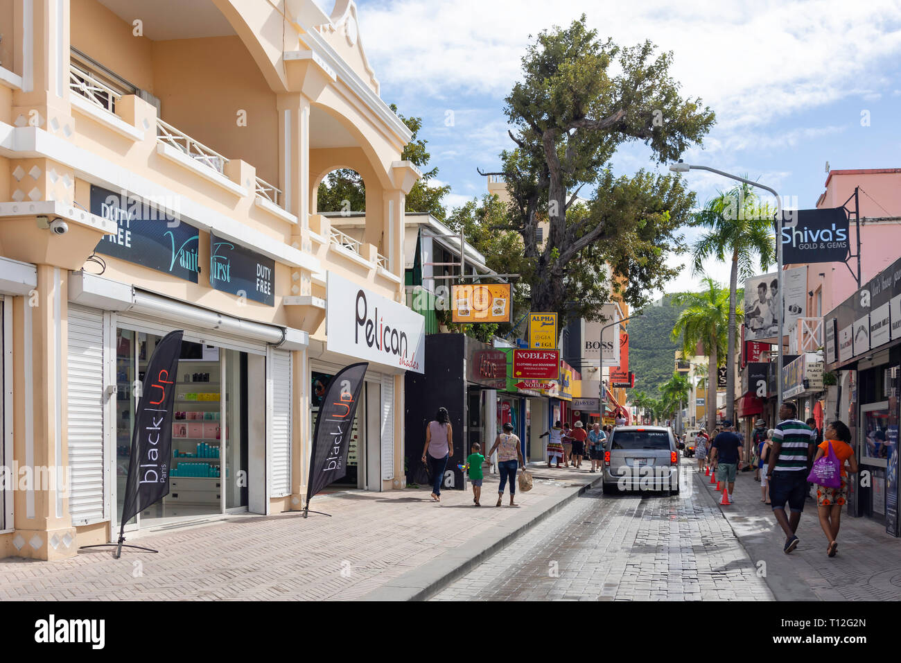 Shops on Front Street, Philipsburg, Sint Maarten, Saint Martin, Lesser Antilles, Caribbean Stock Photo