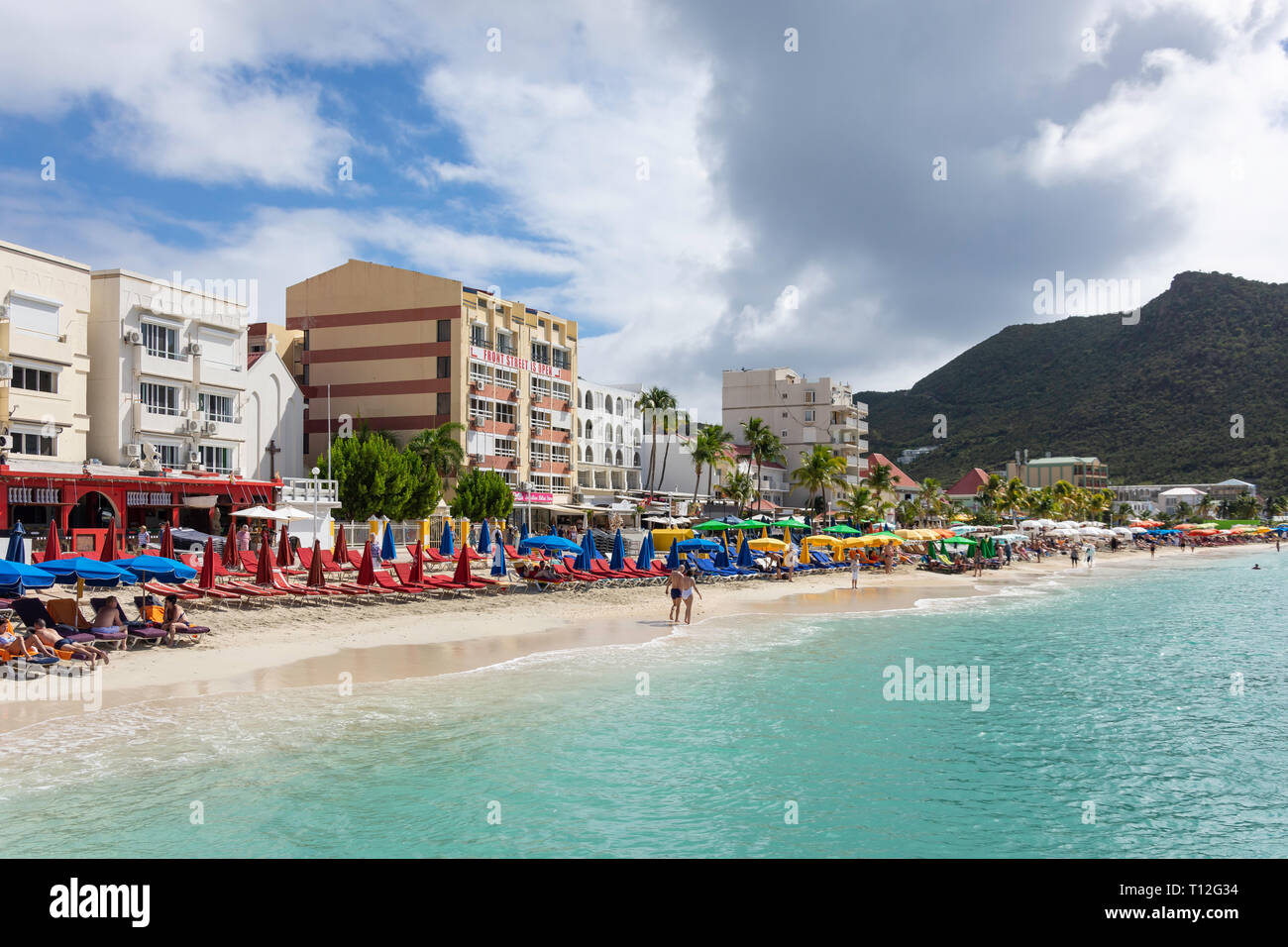Beach and seafront promenade, Great Bay, Philipsburg, Sint Maarten, Saint Martin, Lesser Antilles, Caribbean Stock Photo