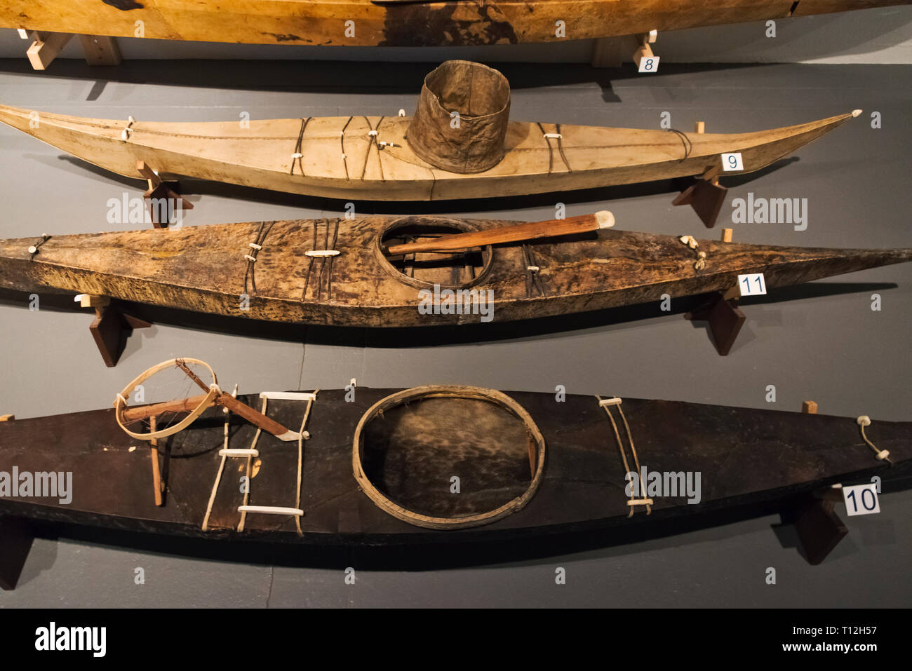 Kayak display of Inuit people's early life in the National Museum, Nuuk, Greenland Stock Photo