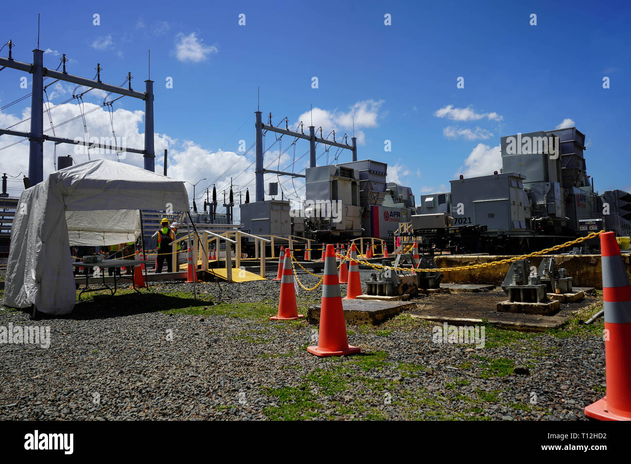 The Federal Emergency Management Agency (FEMA) and the U.S. Army Corps of Engineers had been maintaining backup power capability in Puerto Rico. As emergency restoration has progressed on the island. The original contract was for $35.1 million to provide additional generation to the power plant, there were 11 extensions to the contract for a final cost of $223 million. The generators have been managed by USACE’s Rapid Recovery Team which has been running the Palo Seco Project since Oct. 29, 2017. The demobilization of the mega-generators is a positive step in the ongoing recovery process in Pu Stock Photo