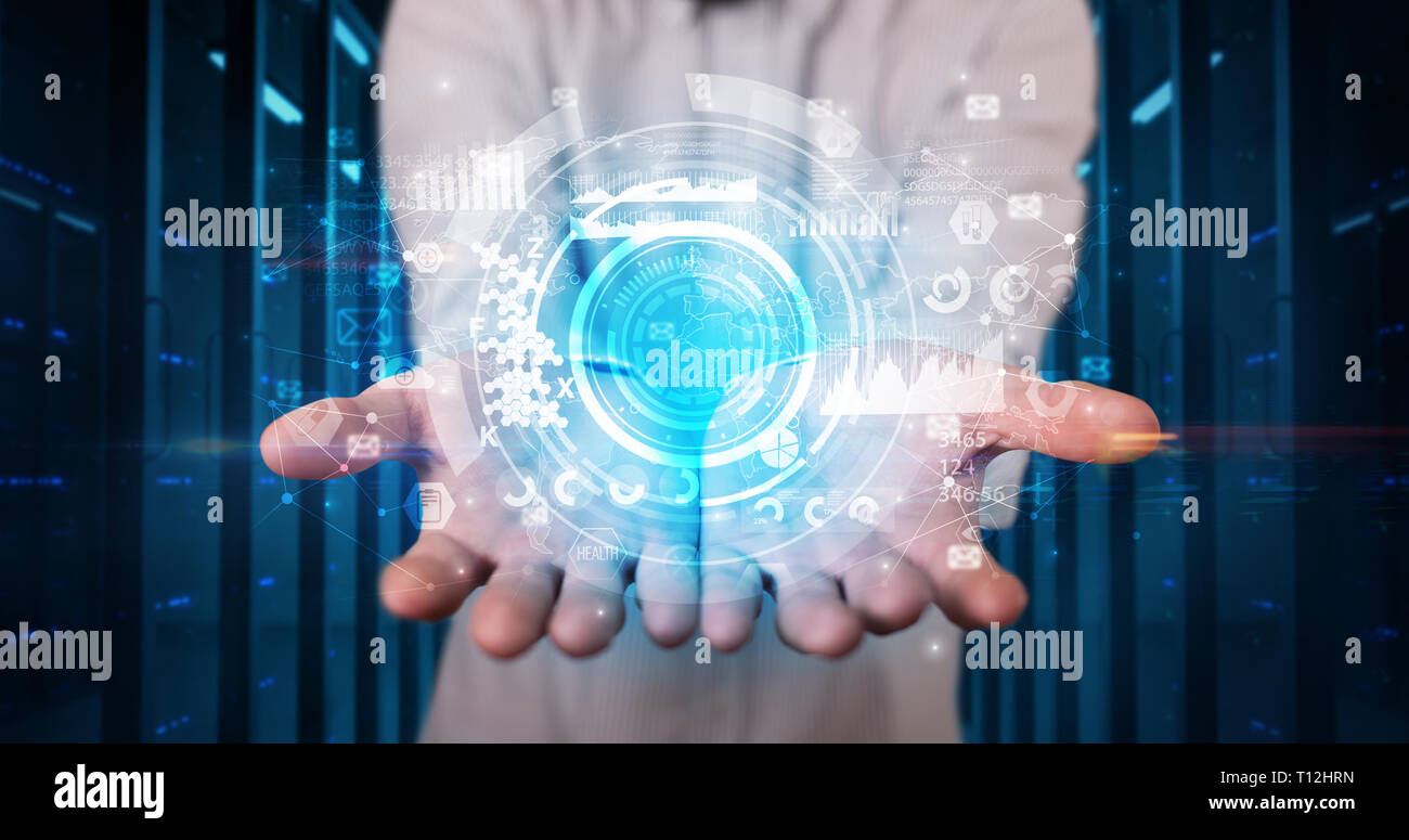 Man holding hologram projection displaying biometric security concept  Stock Photo