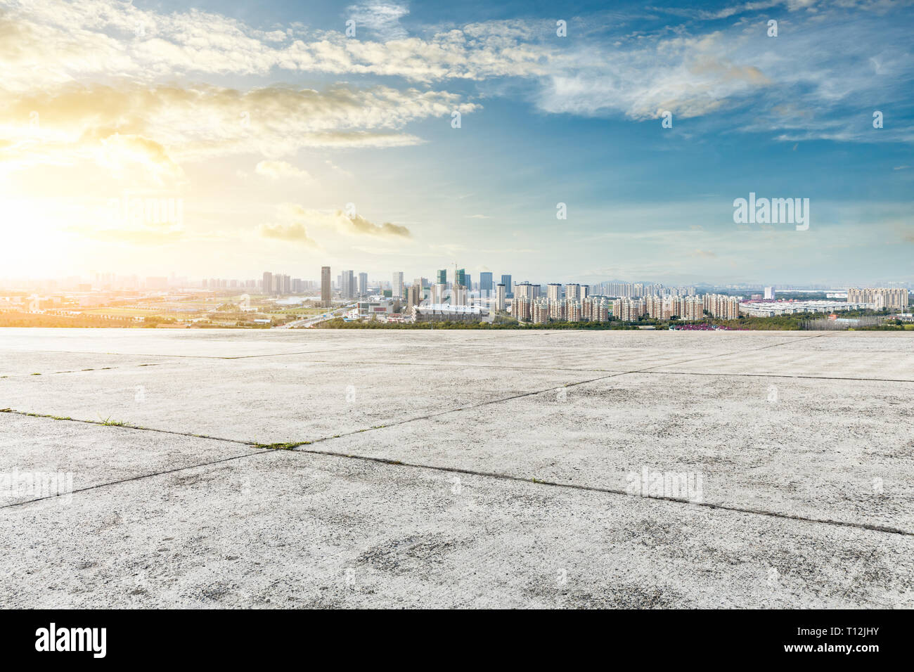 Panoramic City Skyline And Buildings With Empty Cement Floor In Shanghai High Angle View Stock Photo Alamy