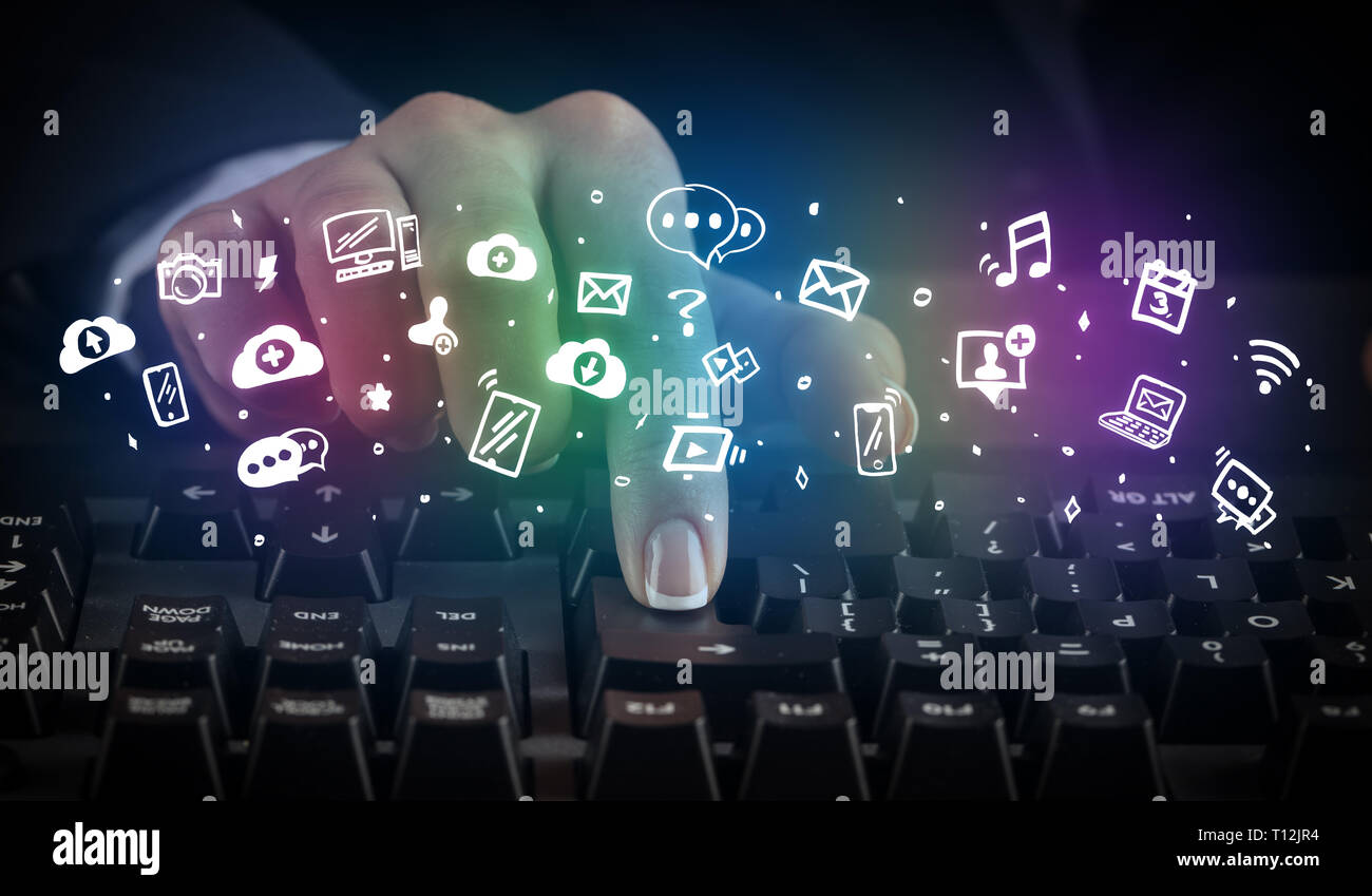 Blogger woman typing on keyboard with drawn application icons around ...