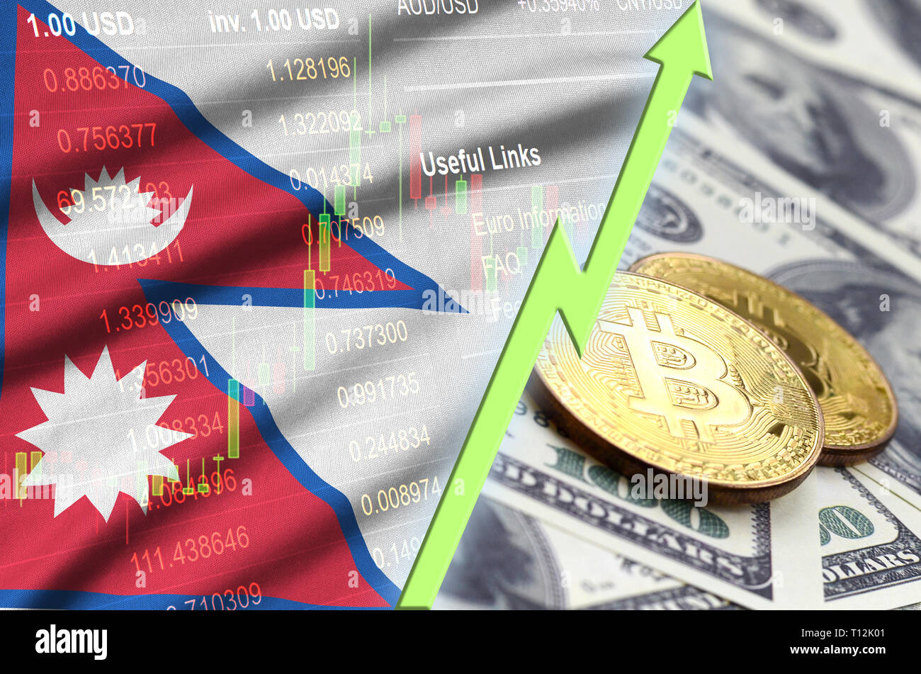 Nepal flag and cryptocurrency growing trend with two bitcoins on dollar  bills. Concept of raising Bitcoin in price against the dollar Stock Photo -  Alamy