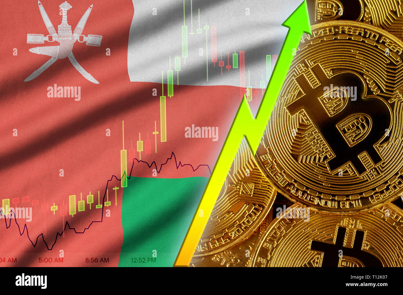 Oman flag and cryptocurrency growing trend with many golden bitcoins.  Concept of raising Bitcoin in price or high conversion in cryptocurrency  mining Stock Photo - Alamy