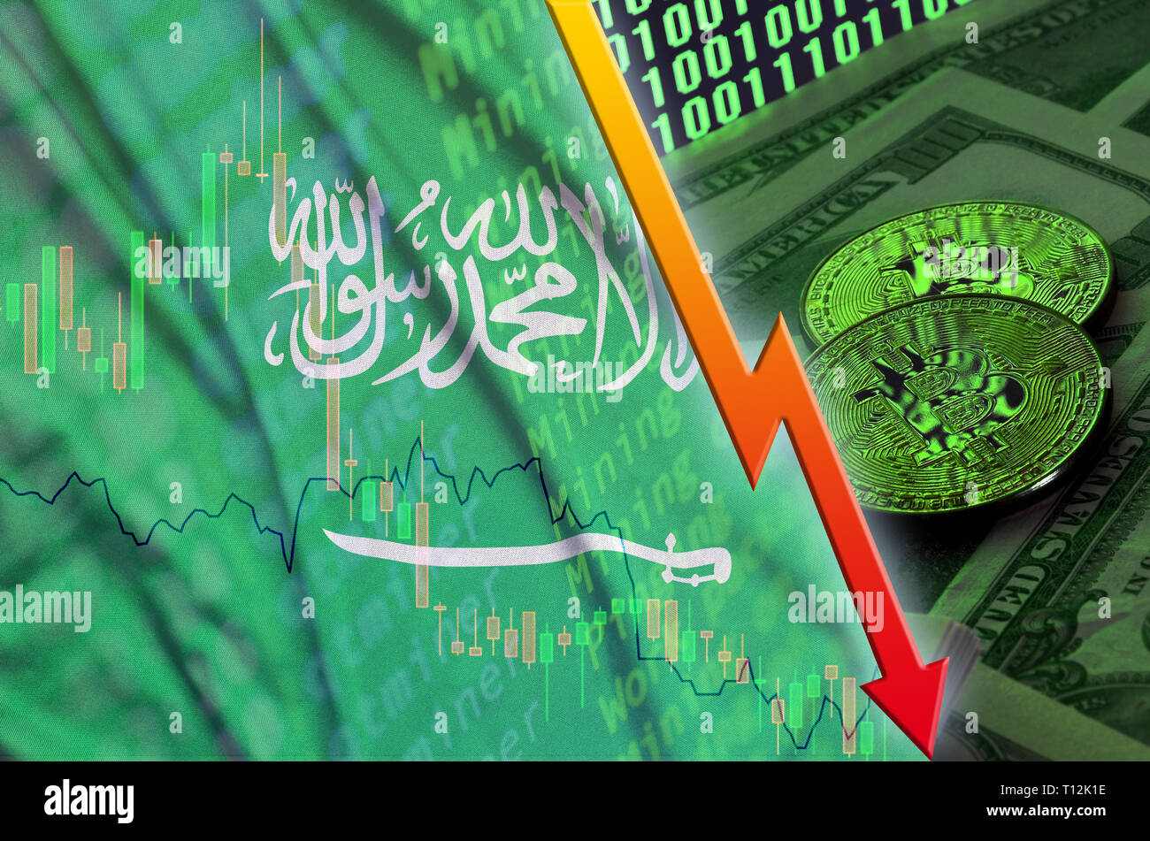 Saudi Arabia flag and cryptocurrency falling trend with two bitcoins on  dollar bills and binary code display. Concept of reduction Bitcoin in price  an Stock Photo - Alamy