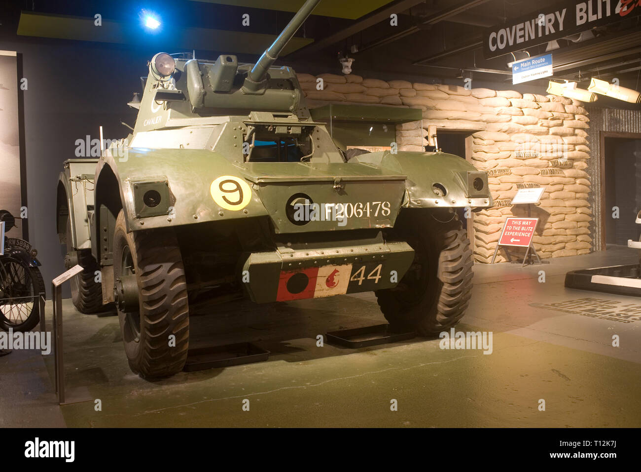 Armoured vehicle on guard by entry to Blitz experience at Coventry transport museum Stock Photo