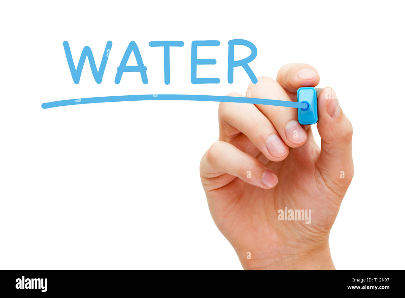 Hand writing the word Water with blue marker on transparent wipe board isolated on white