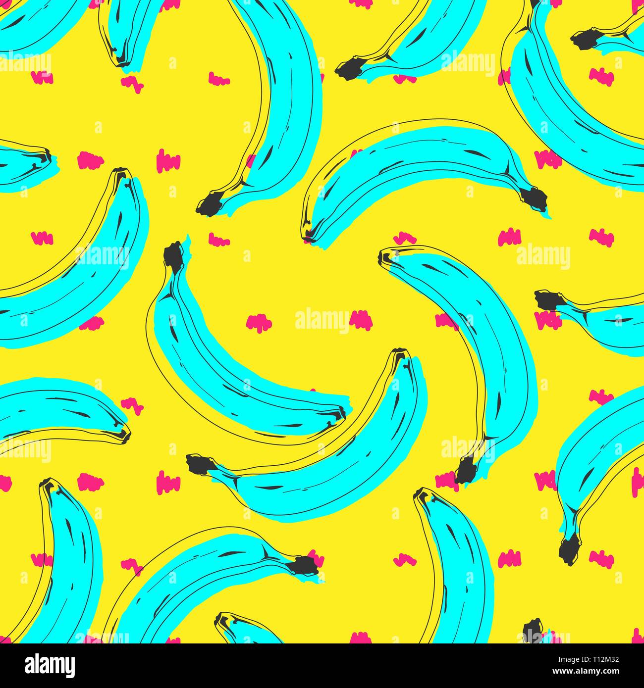 Seamless pop art banana pattern randomly distributed on color background. Stripped or dotted background. Vector Illustration. Stock Vector