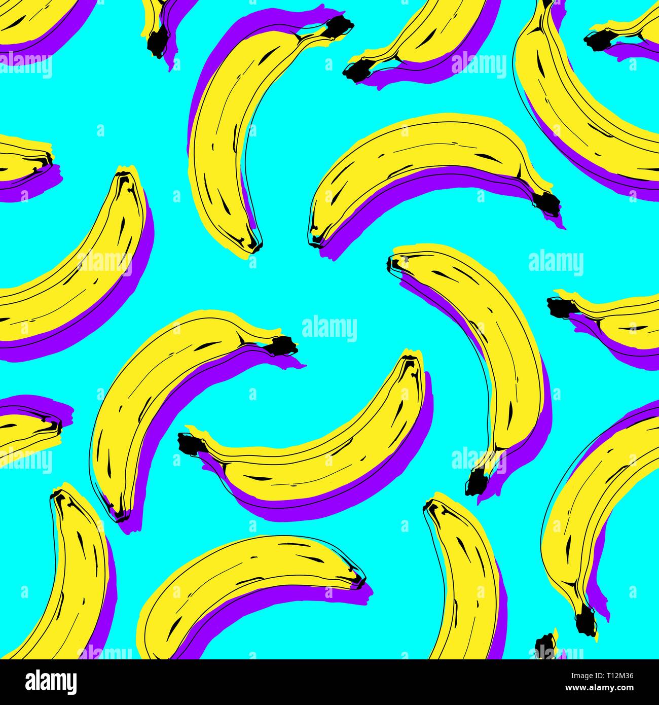 Seamless pop art banana pattern randomly distributed on color background. Stripped or dotted background. Vector Illustration. Stock Vector