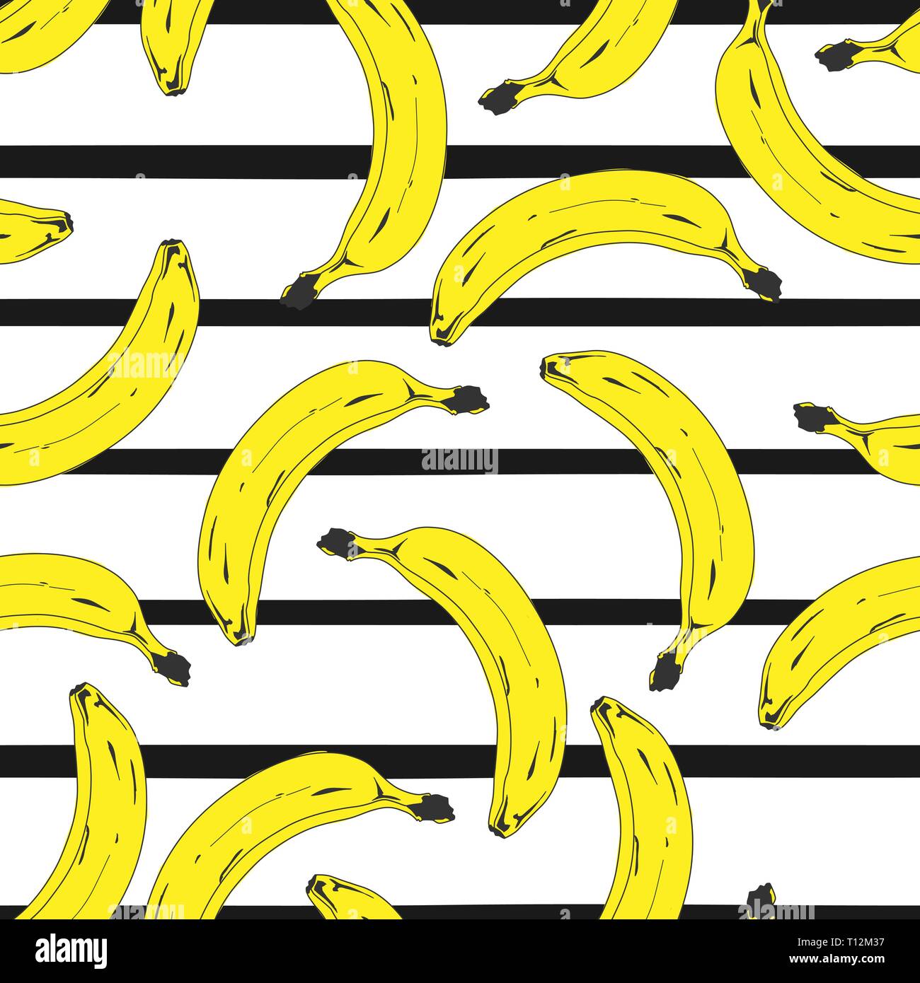 Seamless pop art banana pattern randomly distributed on color background. Stripped or dotted background. Vector Illustration. Stock Vector