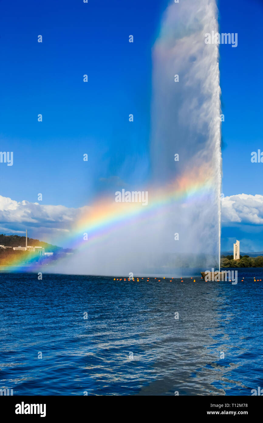 Rainbow producing fountain on Lake Burley Griffin, Canberra, ACT