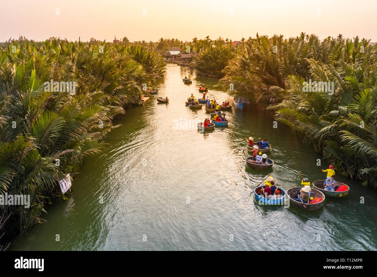Aerial view, tourists from China, Korea, America, Russia a basket boat tour at the coconut water ( mangrove palm ) forest. Hoi An, Quang Nam, Vietnam Stock Photo