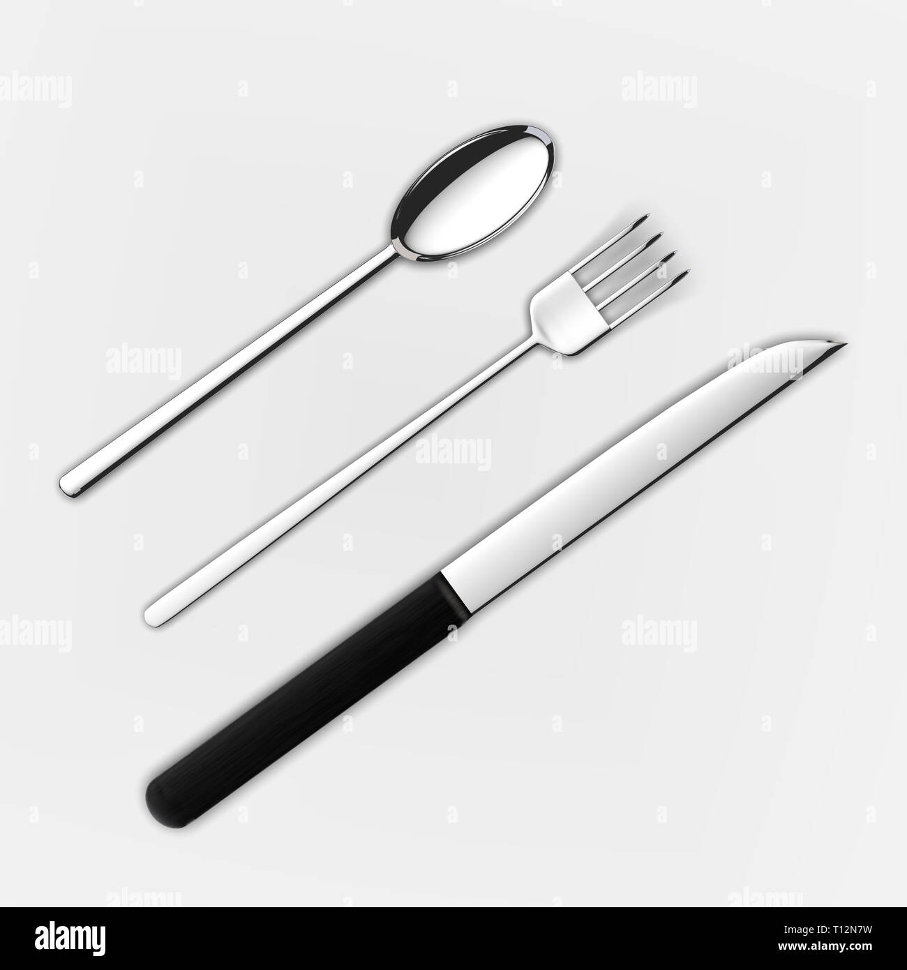 The 3d rendering of Set of fork, knife and spoon isolated on white