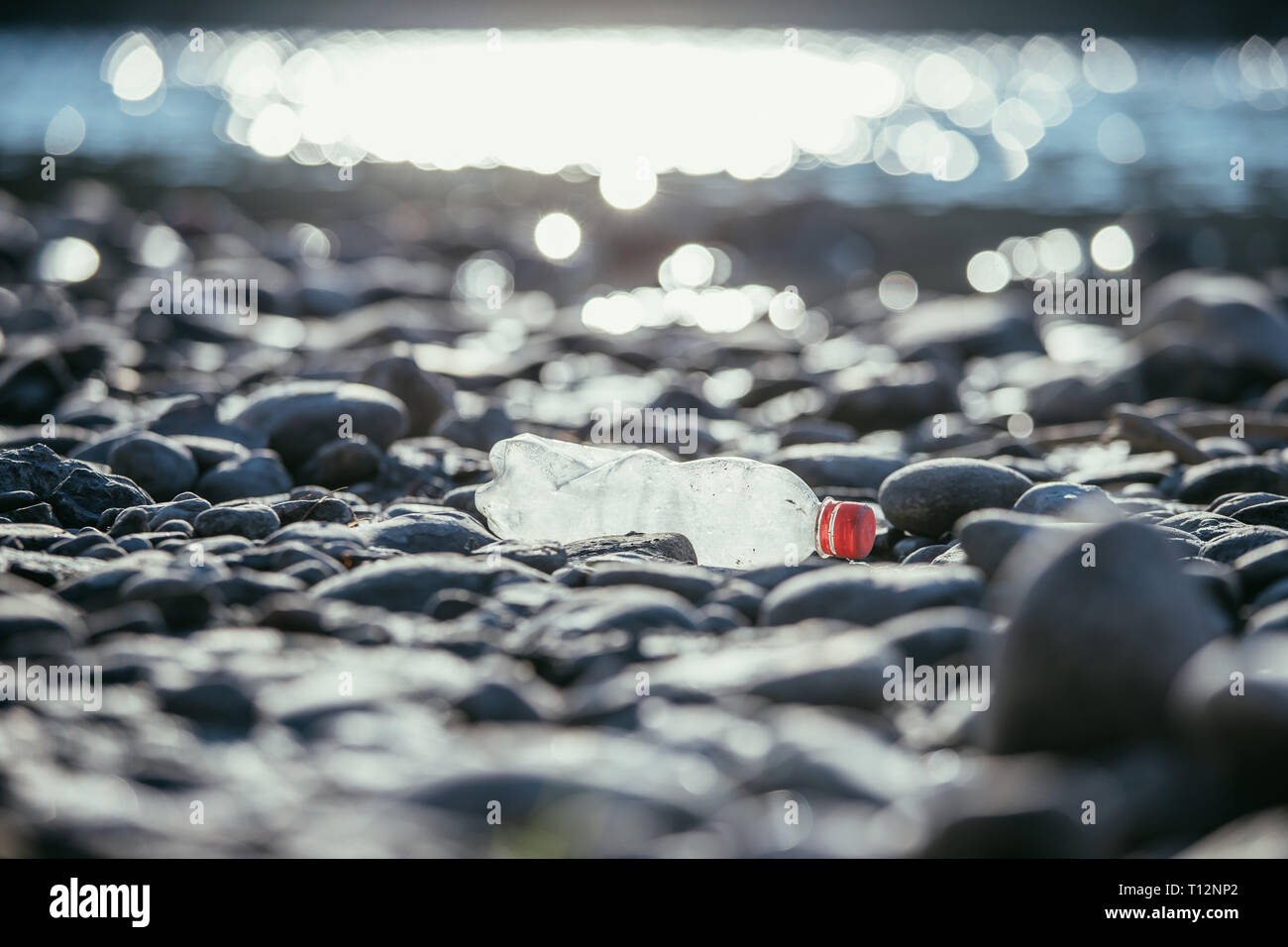 Plastic bottle is lying on the stony beach, environmental pollution Stock Photo