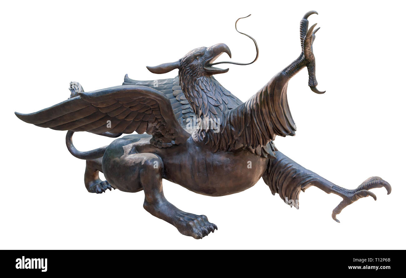 Statue of a Griffin, isolated with clipping path on white background Stock Photo