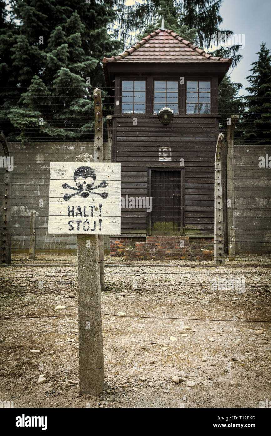 Barbed wire fencing at Auschwitz Concentration Camp Stock Photo