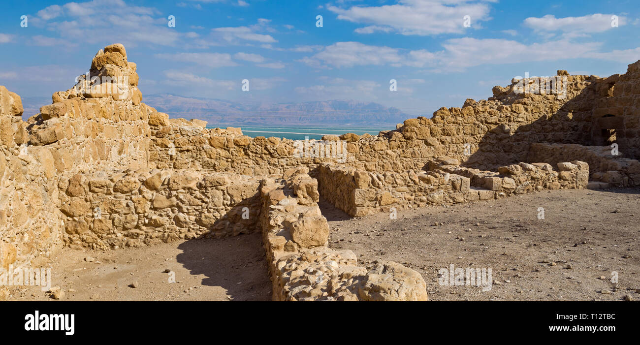 interior of the ancient roman fort located above the resort town of ein bokek in israel with the dead sea and jordanian mountains in the background Stock Photo