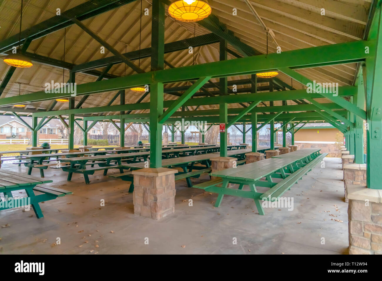 Pavilion With Long Picnic Tables And Benches A Pavilion With