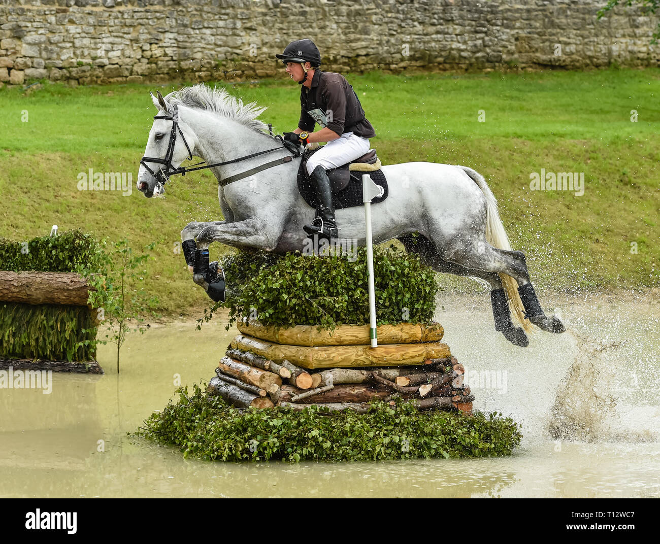 Richard P. Jones and ALFIES CLOVER during the cross country phase, Equitrek Bramham Horse Trials, Bramham, Yorkshire, 2018 Stock Photo