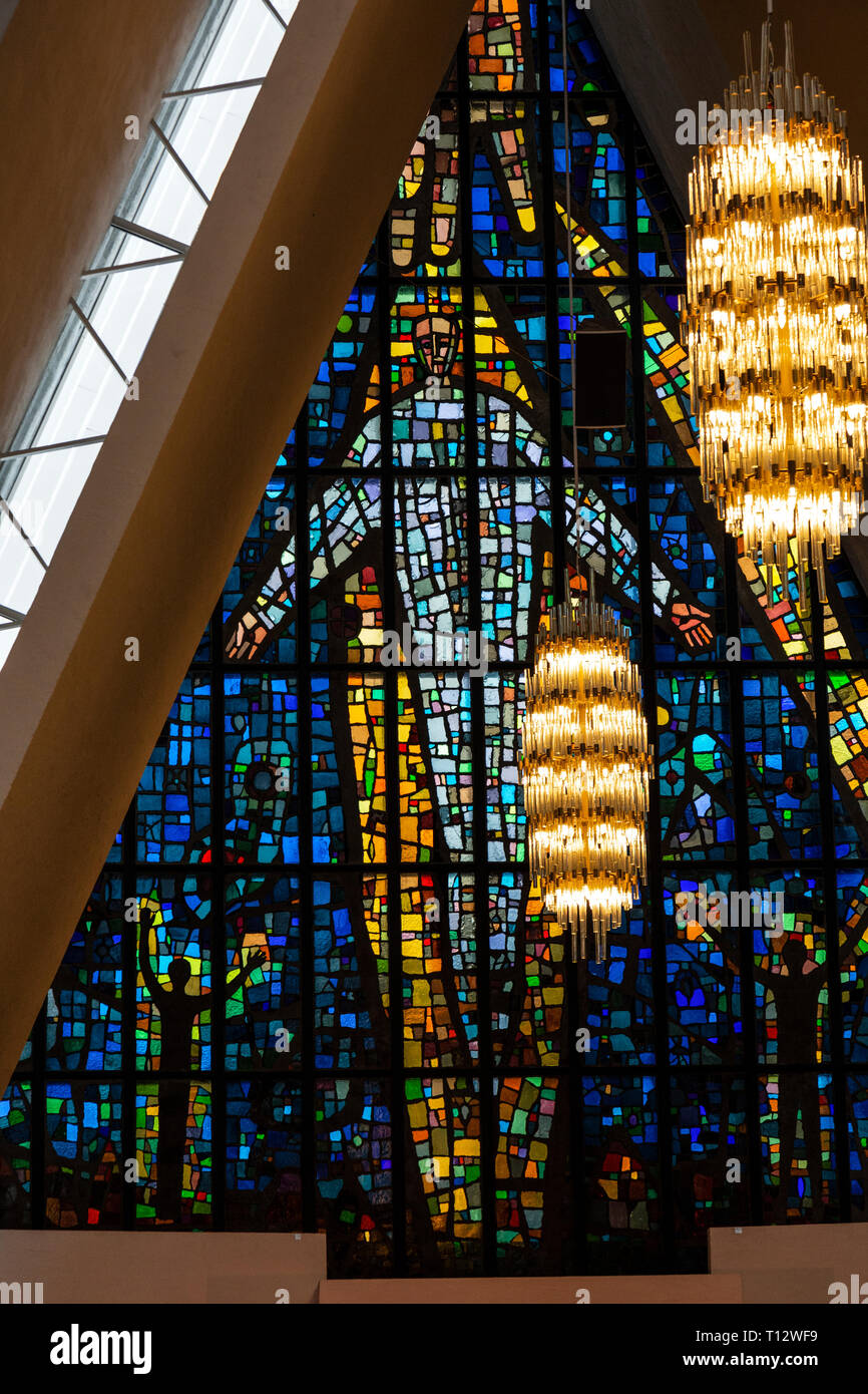 The stained glass window inside the Arctic Cathedral, or Tromsdalen Church, in the town of Tromso in Norway. Stock Photo