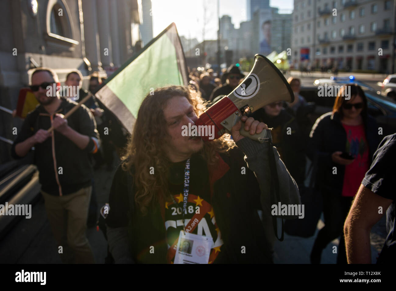 A protester seen shouting slogans on a megaphone during the protest. Voting on the change of copyright in the European Union will take place in the last days of March. Therefore, on March 23, opponents of the controversial articles 11 and 13 intend to mobilize and take to the streets. The international Stop Acta 2.0 protest actions also took place in Warsaw and other numerous cities in Poland. Stock Photo