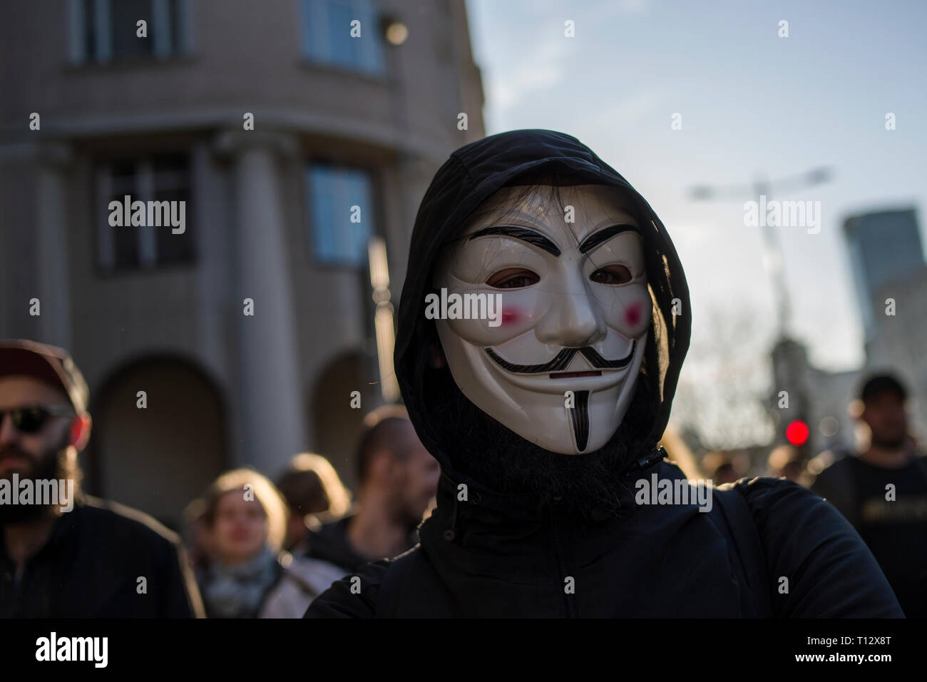 A protester seen wearing Anonymous mask during the protest. Voting on the change of copyright in the European Union will take place in the last days of March. Therefore, on March 23, opponents of the controversial articles 11 and 13 intend to mobilize and take to the streets. The international Stop Acta 2.0 protest actions also took place in Warsaw and other numerous cities in Poland. Stock Photo