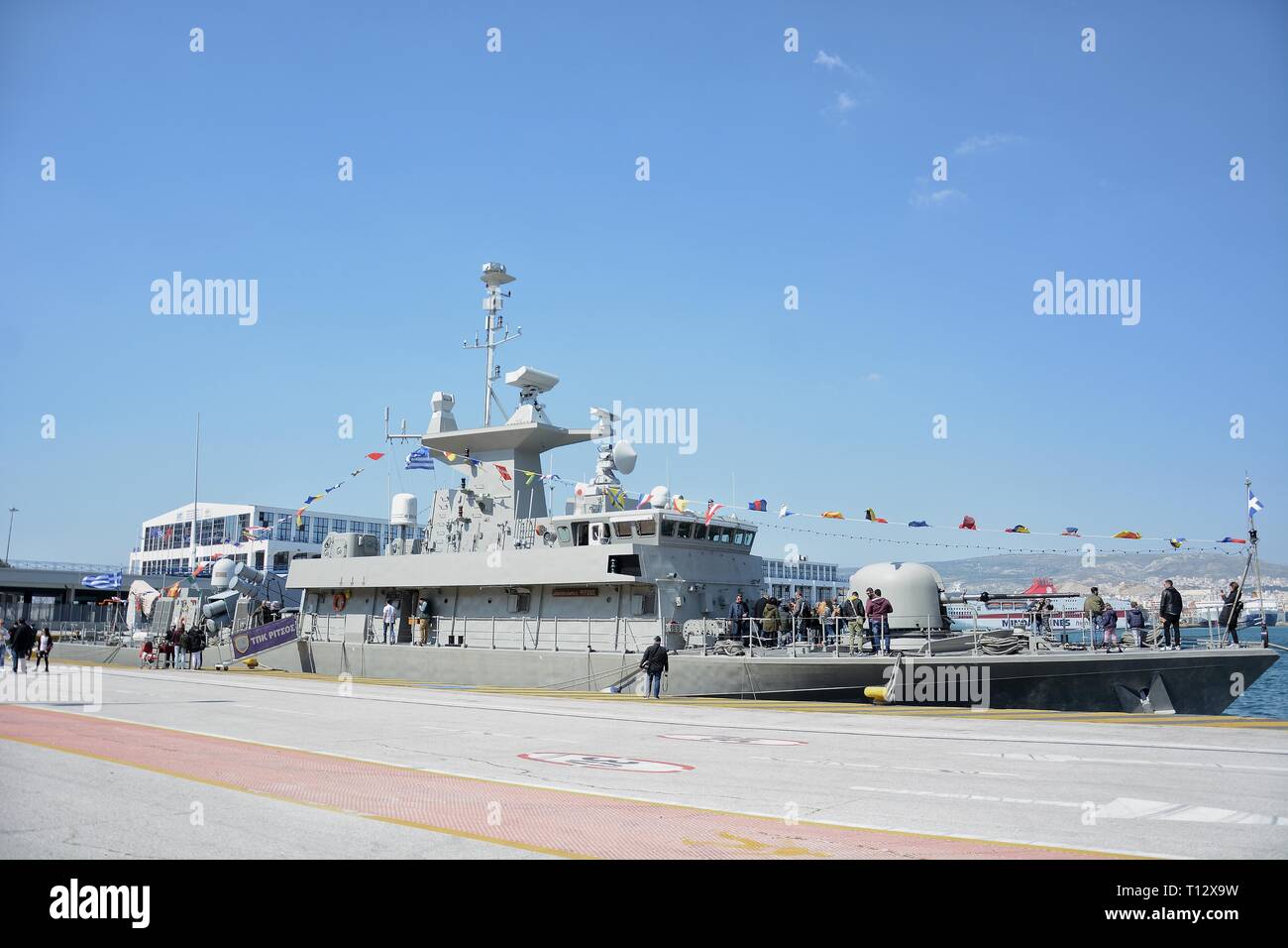 Torpedo boat of Greek Navy 'Ritsos' seen at Piraeus Port. Due to the Greek Independence Day Piraeus Port is open to the public, a national holiday celebrated annually in Greece on March 25, commemorating the start of the War of Greek’s Independence in 1821. Stock Photo