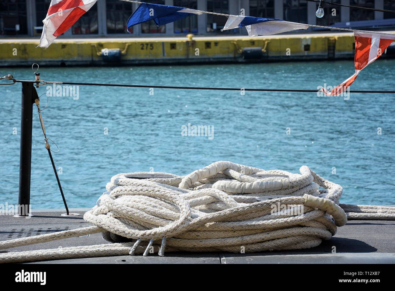 A rope seen on the submarine Matrozos at Piraeus Port. Due to the Greek Independence Day Piraeus Port is open to the public, a national holiday celebrated annually in Greece on March 25, commemorating the start of the War of Greek’s Independence in 1821. Stock Photo