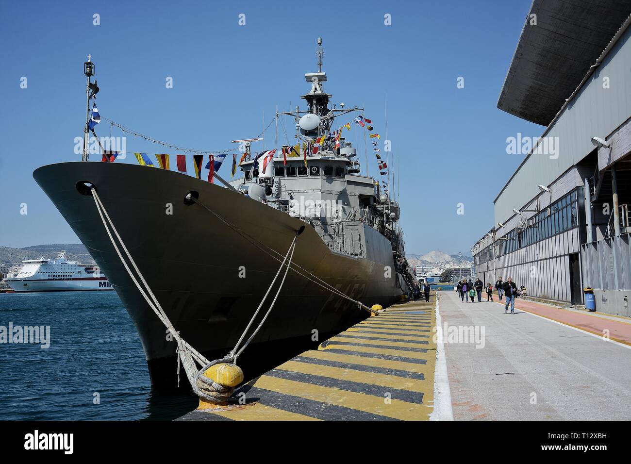 Frigate of Greek Navy 'Idra' seen at Piraeus Port. Due to the Greek Independence Day Piraeus Port is open to the public, a national holiday celebrated annually in Greece on March 25, commemorating the start of the War of Greek’s Independence in 1821. Stock Photo
