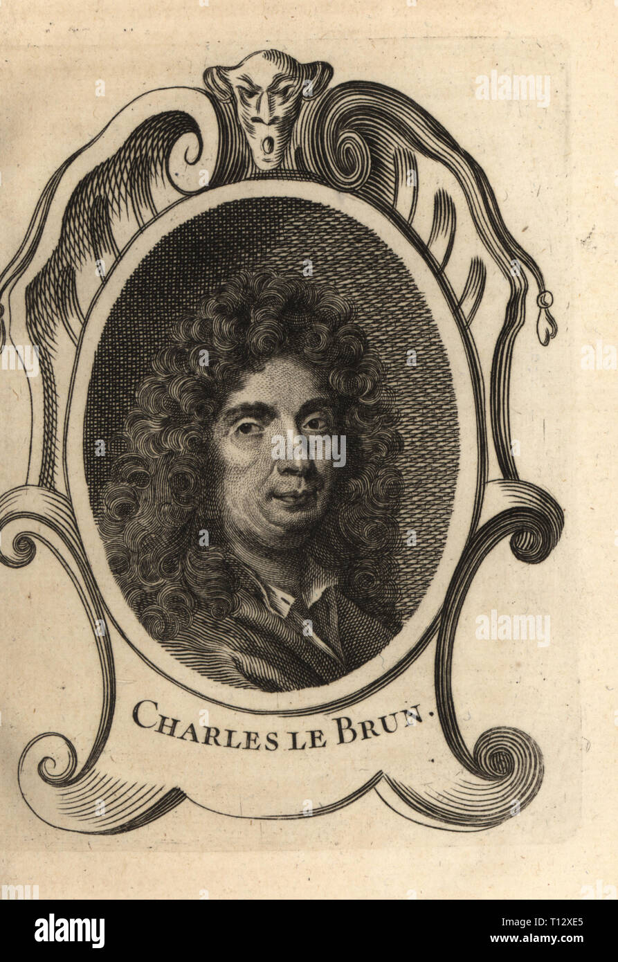 Portrait of Charles le Brun, French painter 1619-1690. Copperplate engraving after a portrait by Nicolas de Largilliere from Antoine-Joseph Dezallier dâ€™Argenvilleâ€™s Abrege de la vie des plus fameux peintres, Lives of the most Famous Artists, de Bure lâ€™Aine, Paris, 1762. Stock Photo