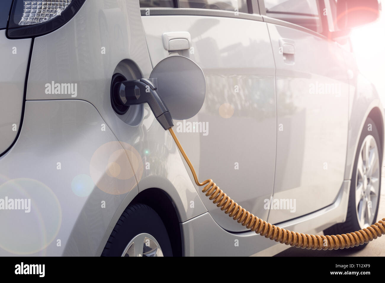 3d rendering of Electric car or vehicle at charging station charges battery with cable or charger for ecological range and sustainable energy Stock Photo