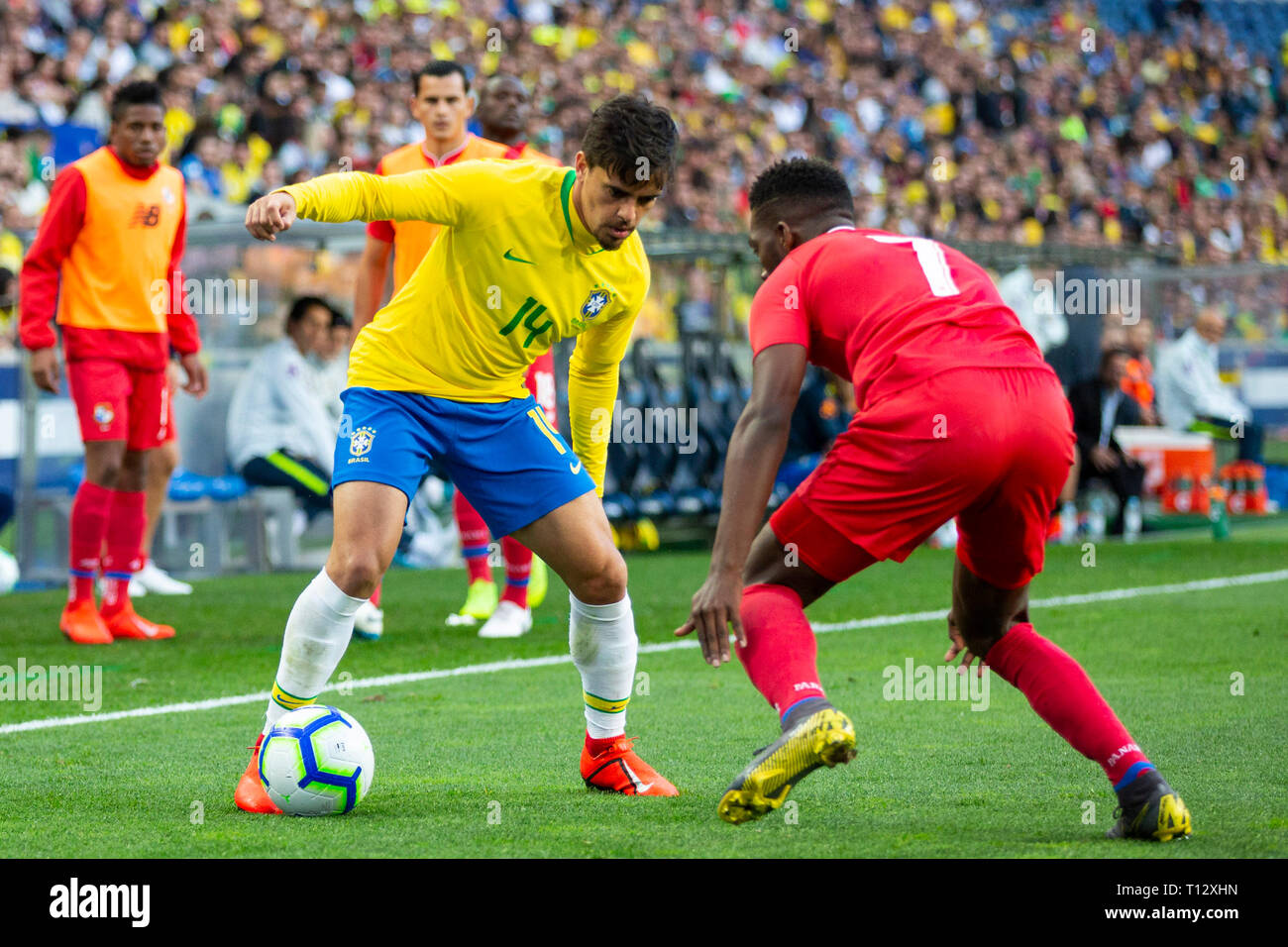 Brazil player Fagner Lemos (L) and Panama player Fidel Escobar (R) are seen in action during the friendly football match between Brazil and Panama for the Brazil Global Tour at Dragon Stadium in Porto. ( Final score; Brazil 1:1 Panama ) Stock Photo