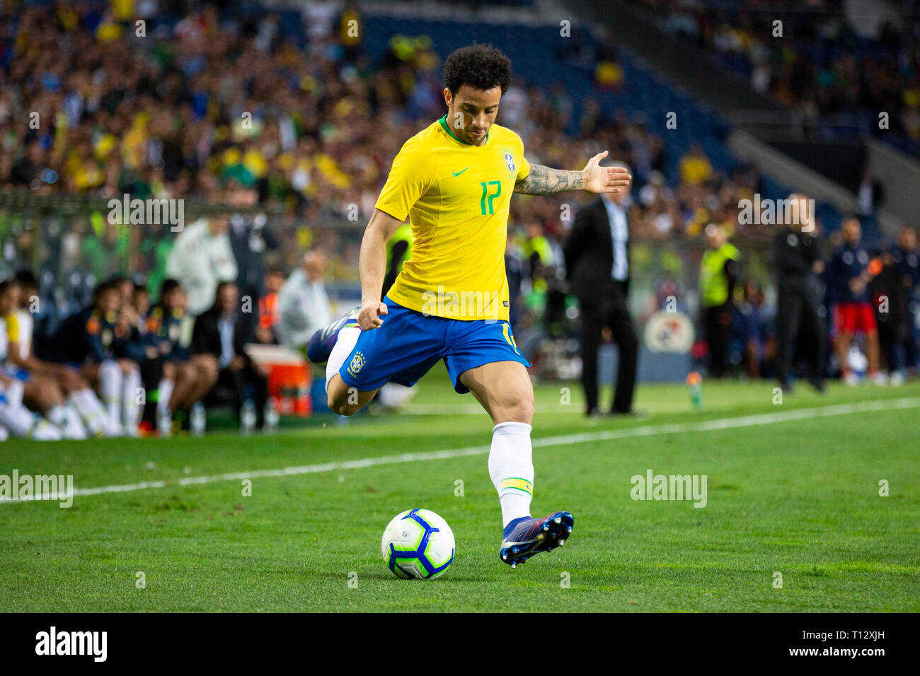 Brasil player Felipe A. Gomes seen in action during the friendly football match between Brazil and Panama for the Brazil Global Tour at Dragon Stadium in Porto. ( Final score; Brazil 1:1 Panama ) Stock Photo
