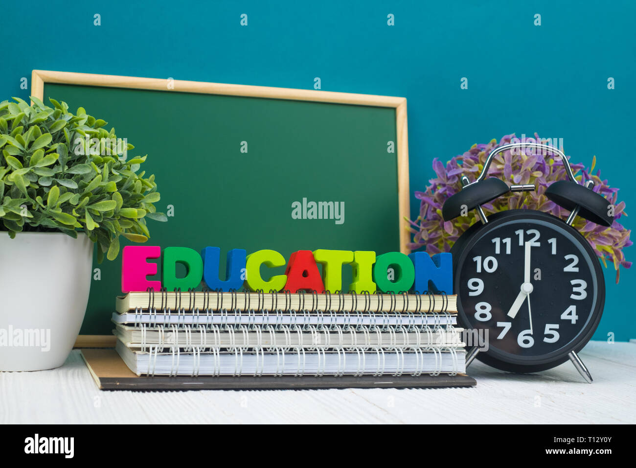 Back to school concept idea, Education text and green chalkboard with ...