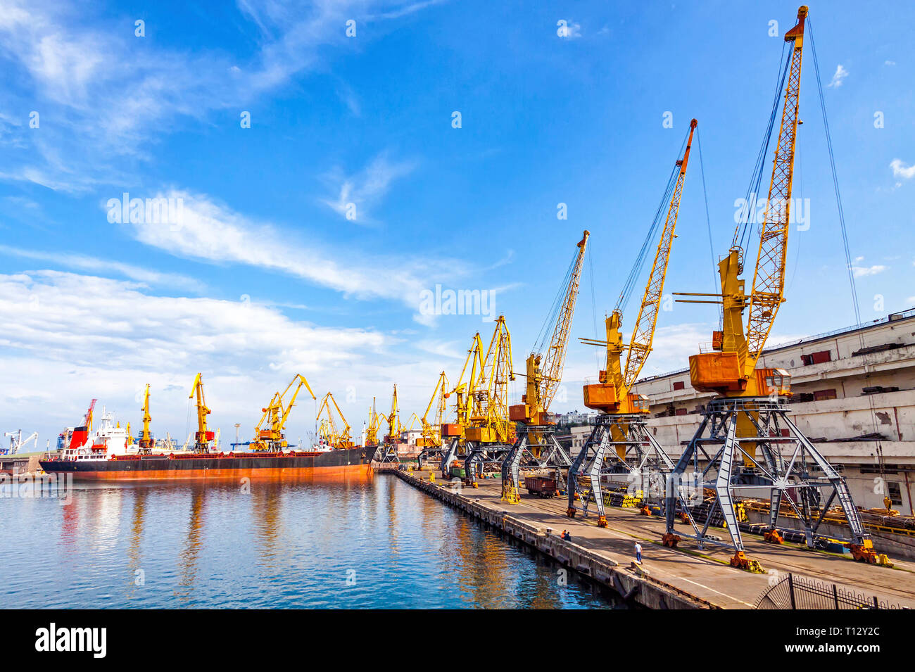Lifting cargo cranes, ship and grain dryer in Sea Port of Odessa, Black Sea, Ukraine. Odessa Marine Trade Port is the largest Ukrainian seaport and on Stock Photo