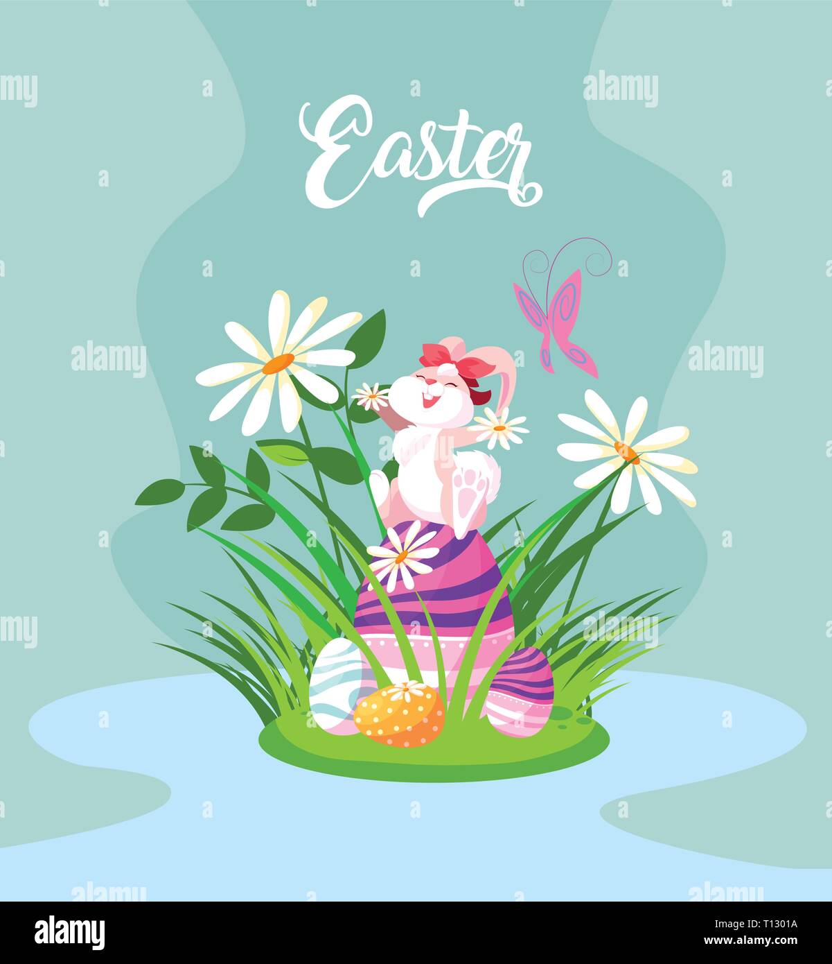cute female rabbit with eggs of easter in garden vector illustration ...