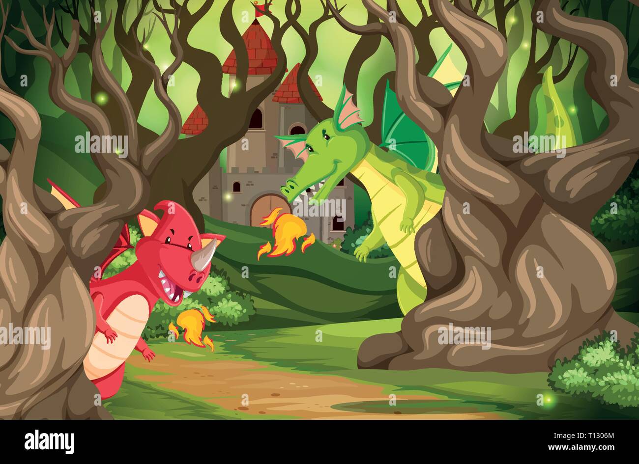 Dragons in castle wood scene illustration Stock Vector Image & Art - Alamy