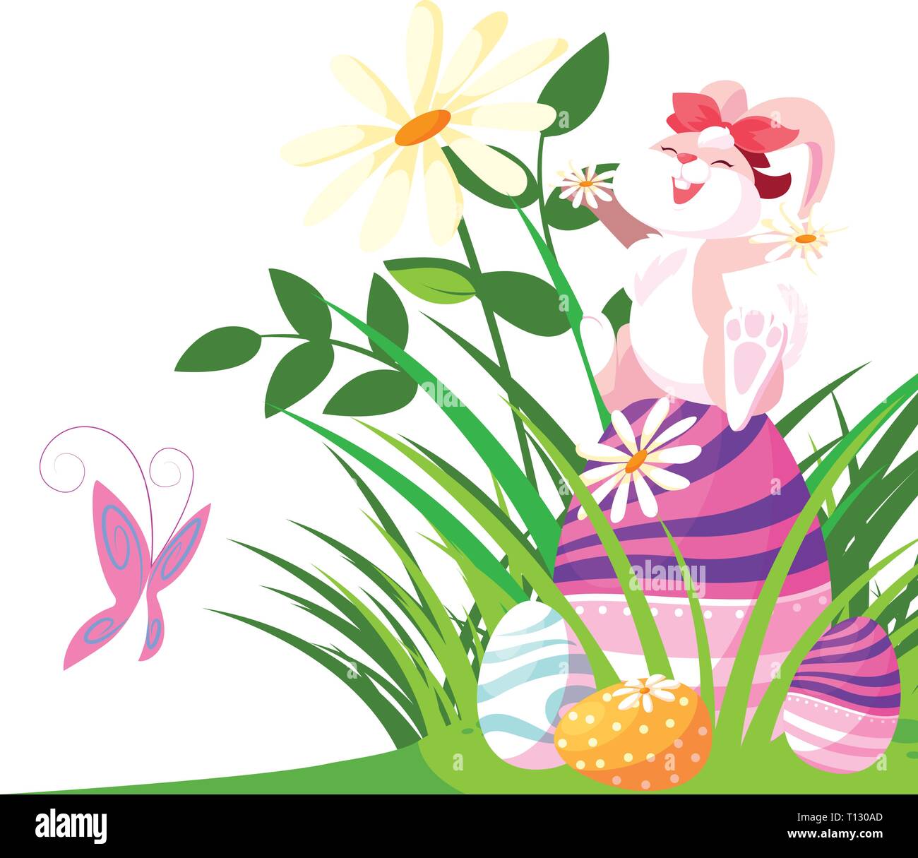 rabbit easter female with egg painted in the garden vector illustration ...