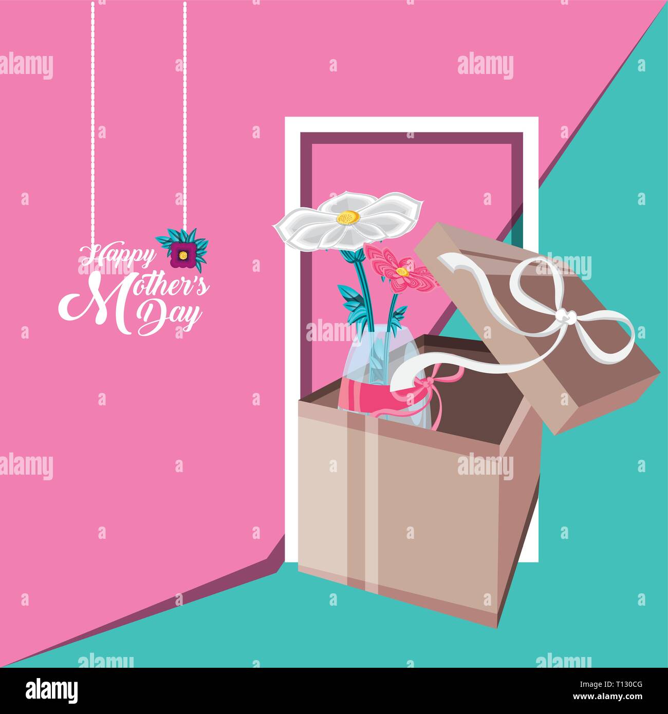 happy mother day card with flowers in vase and gift vector illustration ...